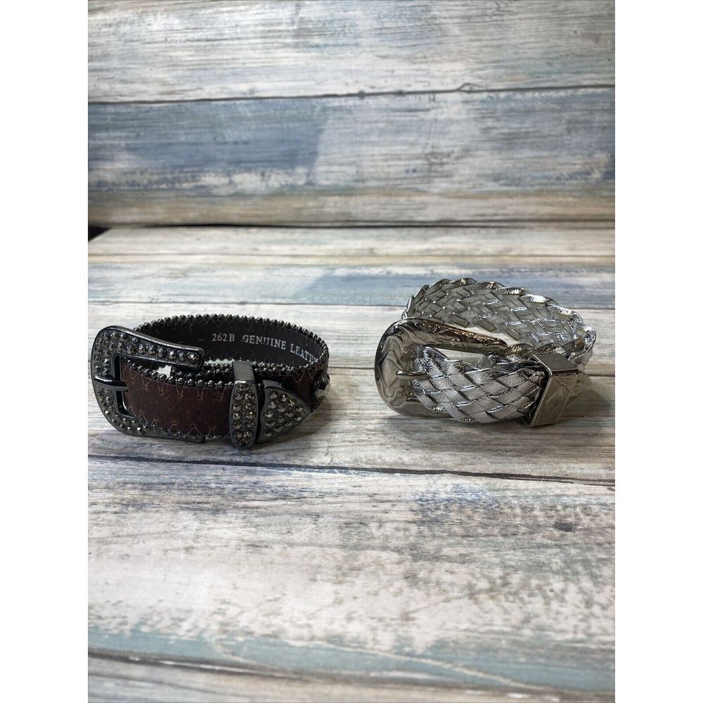 Lot of 2 Belt Buckle Look Bracelets 10"‎ Long NWOT Brown Silver